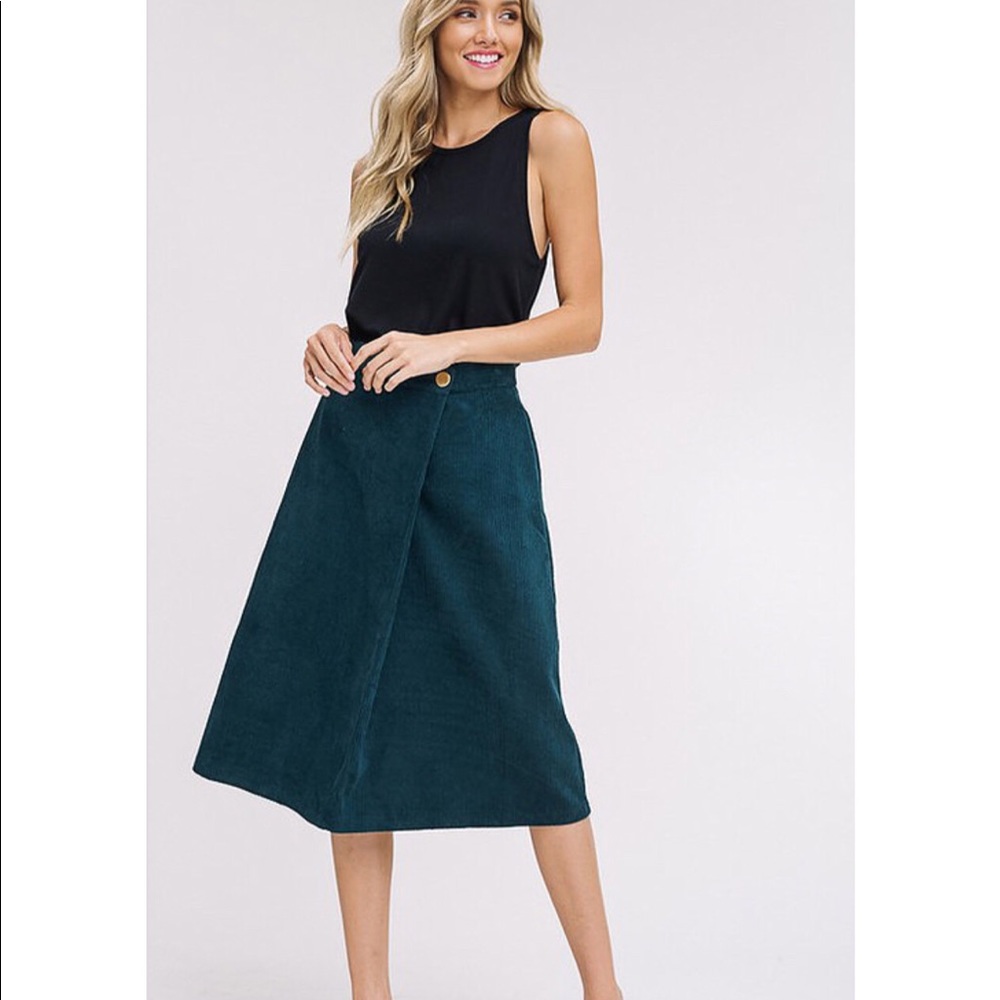 Corduroy Waist Fold Wrap Midi Skirt